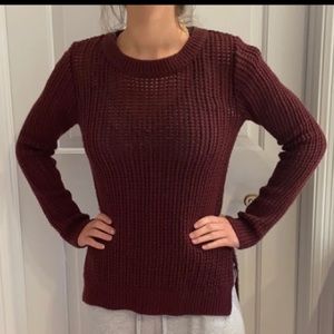 Delia’s Loose open knit crochet maroon high low long sleeve pullover sweater top